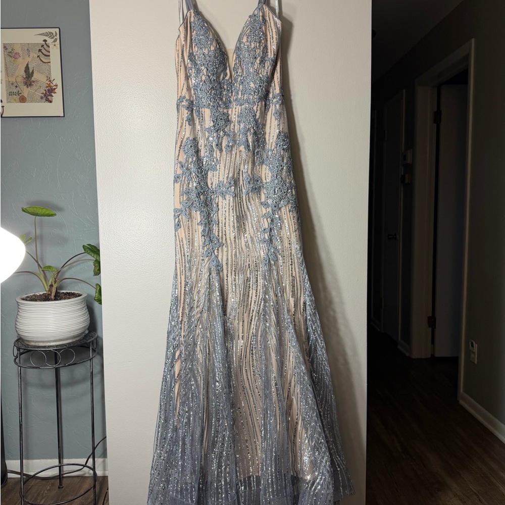 Camille La Vie Blue and Silver Prom Dress
